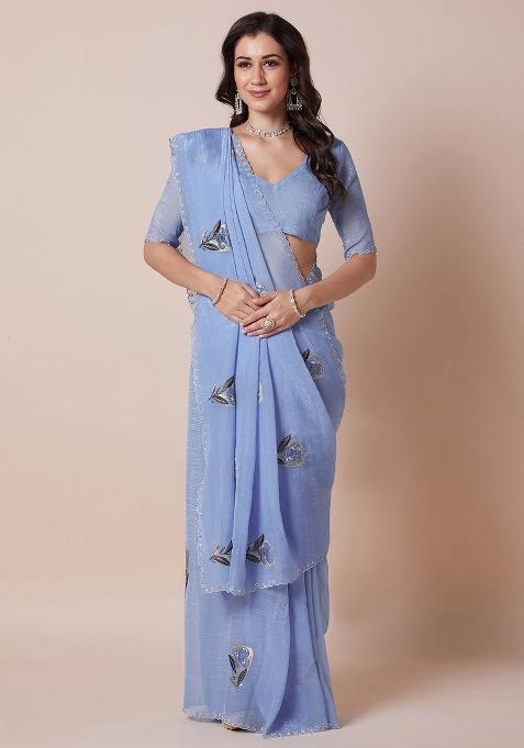 Blue Printed Pure Georgette Saree Set — view on Indya