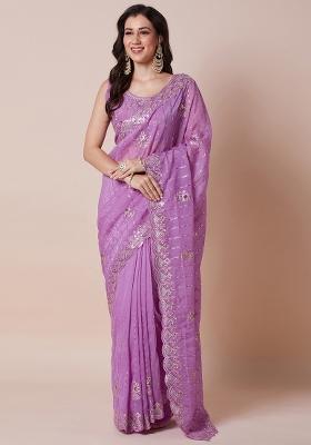 Lavender Printed Pure Georgette Saree Set