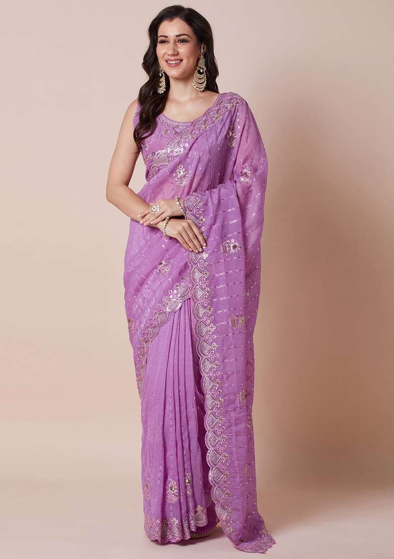 Lavender Printed Pure Georgette Saree Set - Indya