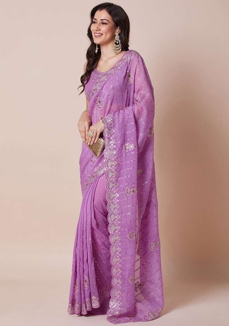 Lavender Printed Pure Georgette Saree Set - Indya