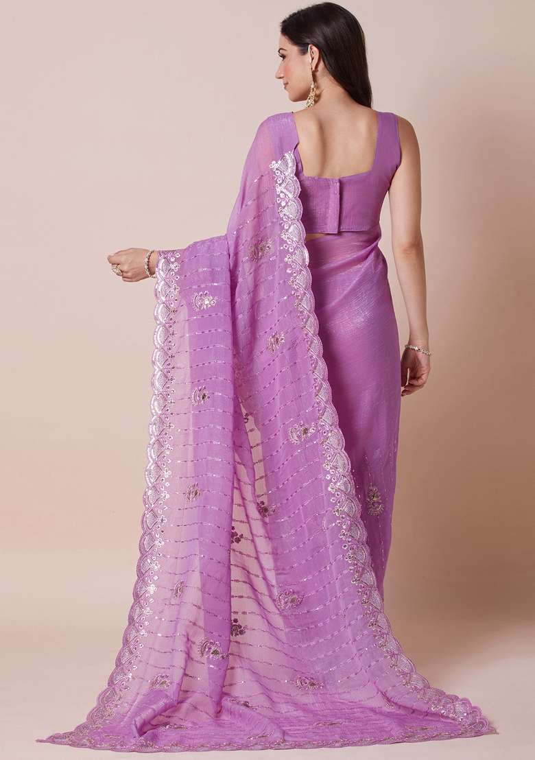 Lavender Printed Pure Georgette Saree Set - Indya