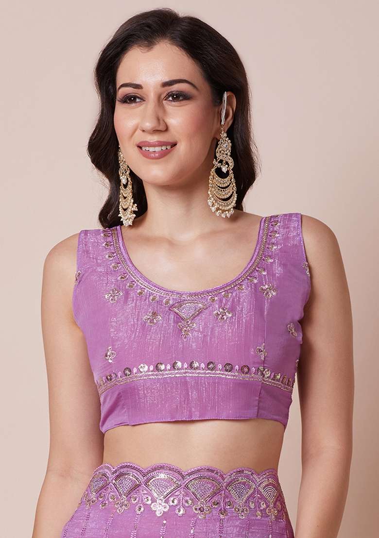 Lavender Printed Pure Georgette Saree Set - Indya