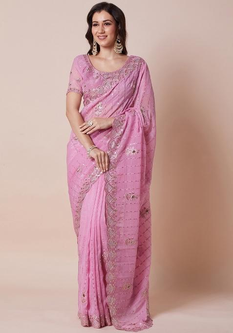 Pink Printed Pure Georgette Saree Set