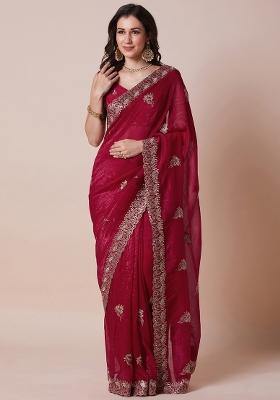 Pink Printed Satin Silk Saree Set