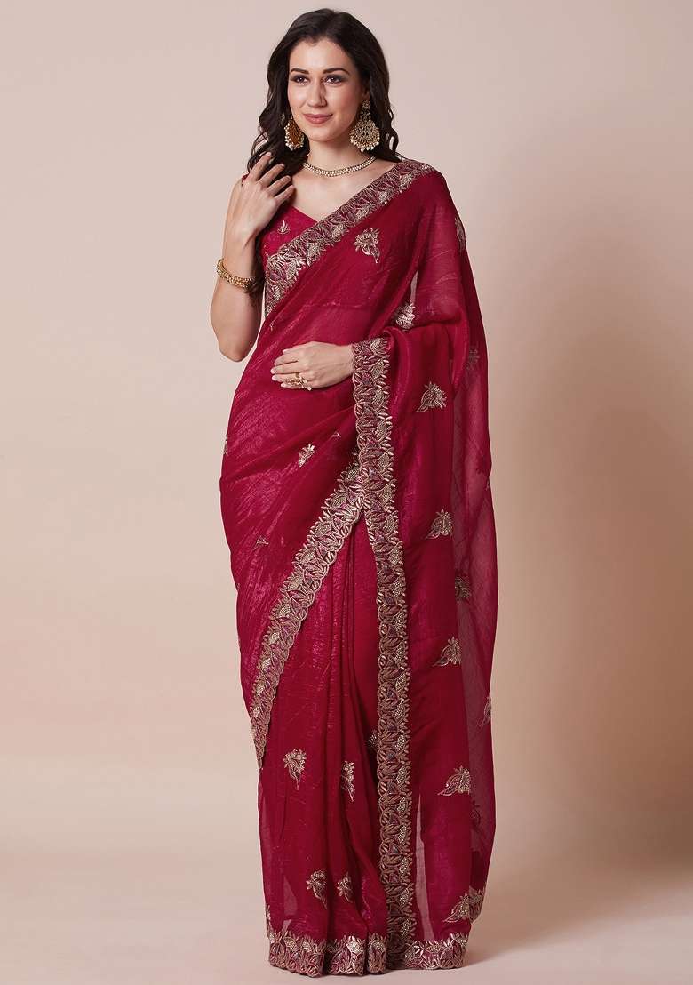 Pink Printed Satin Silk Blend Saree Set - Indya