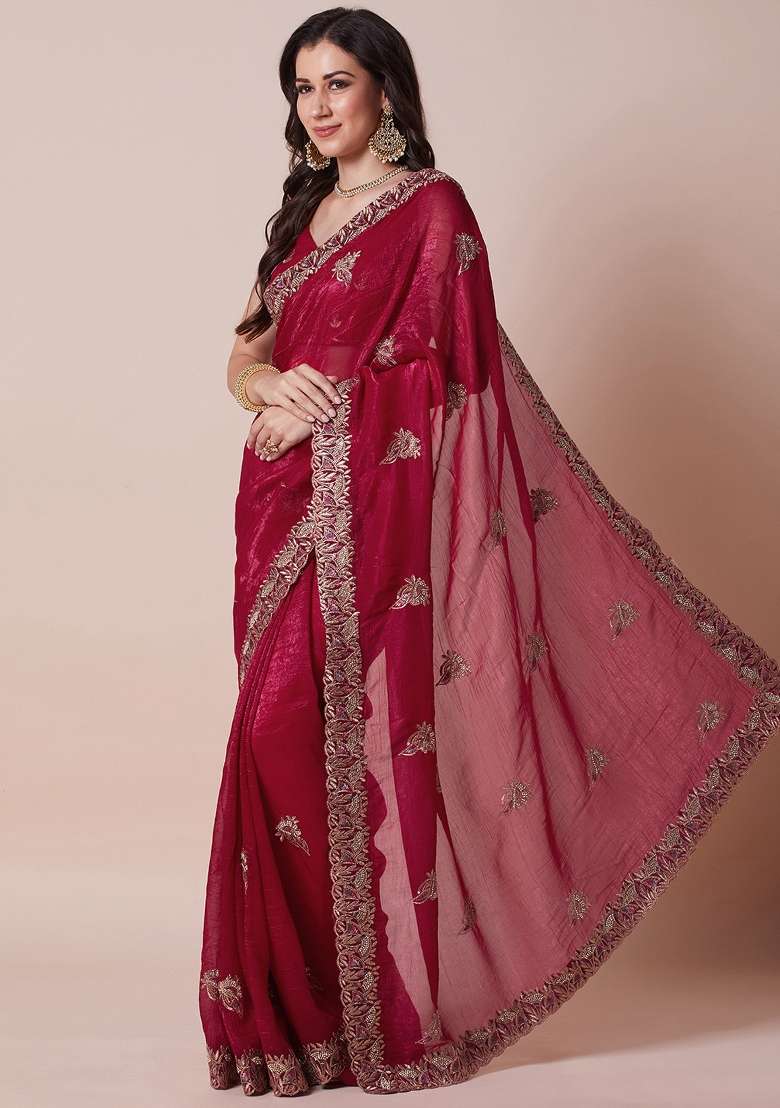 Pink Printed Satin Silk Blend Saree Set - Indya