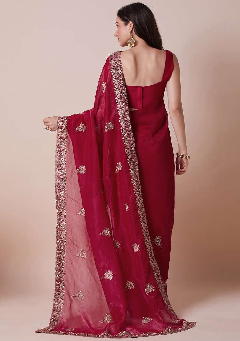 Pink Printed Satin Silk Blend Saree Set - Indya