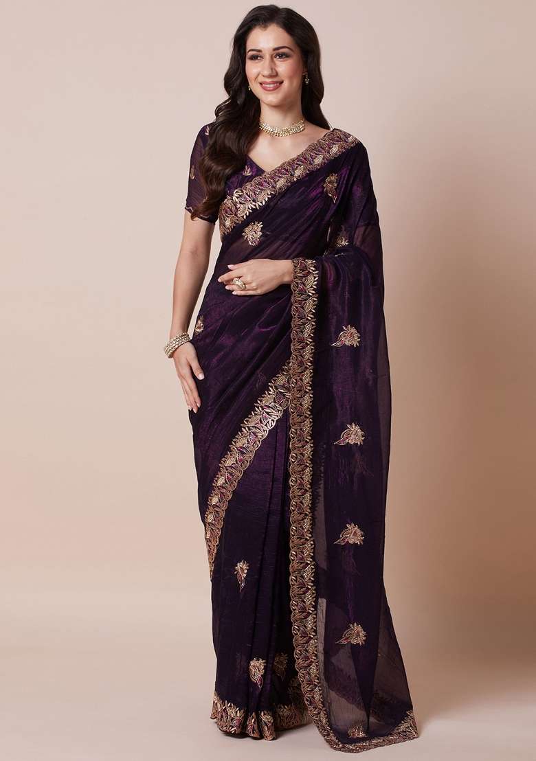 Purple Printed Satin Silk Saree Set - Indya