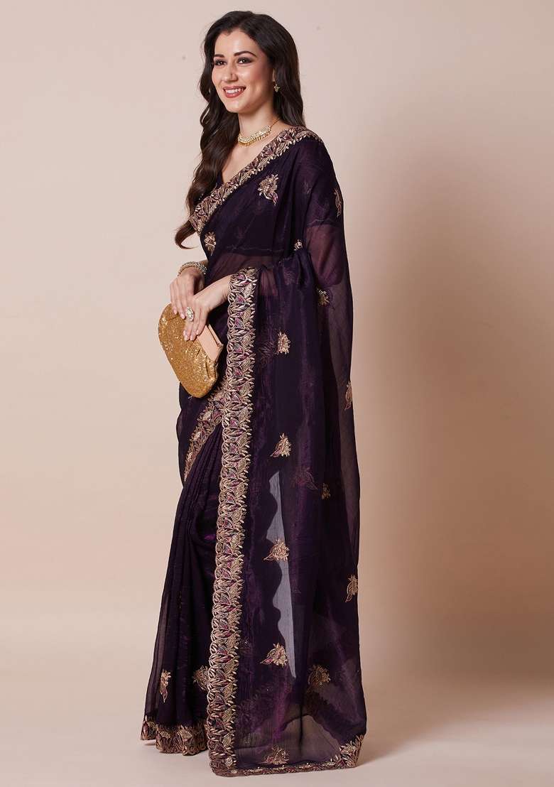 Purple Printed Satin Silk Saree Set - Indya