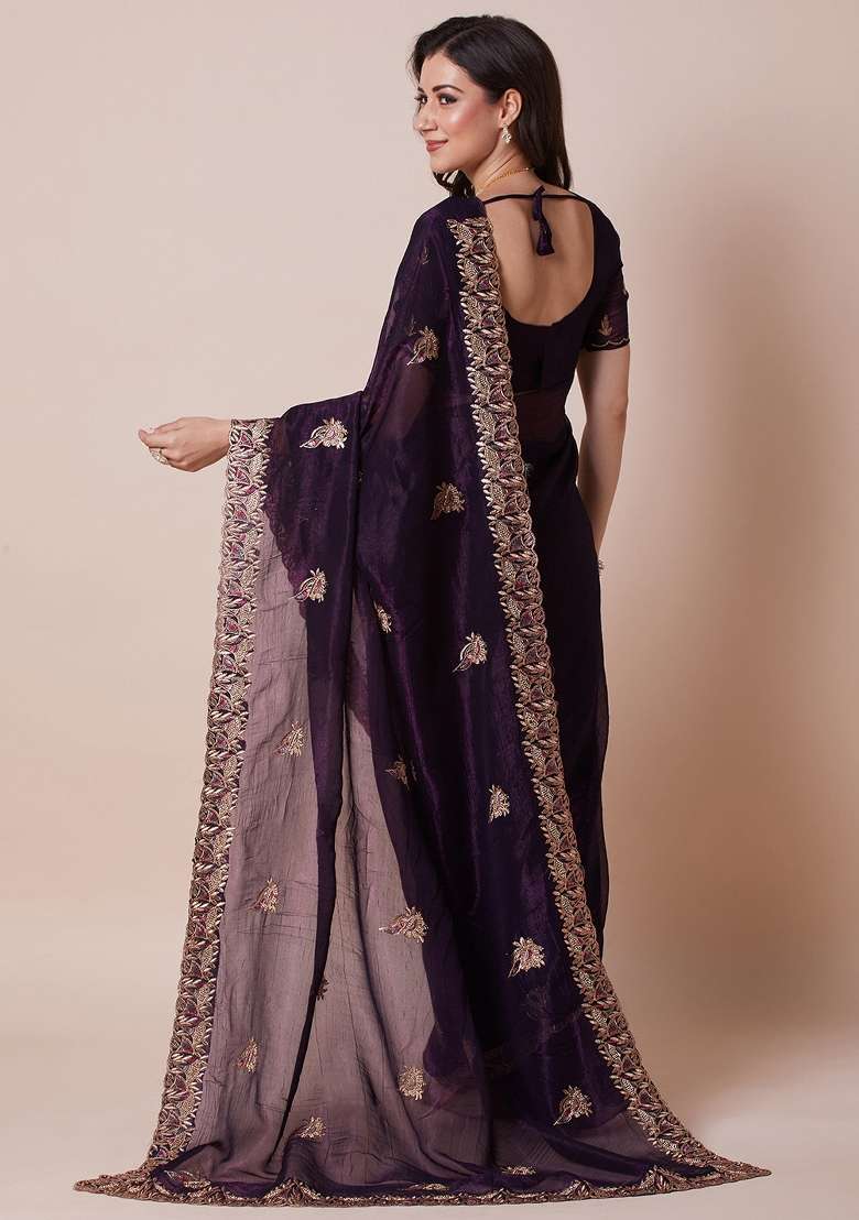 Purple Printed Satin Silk Saree Set - Indya