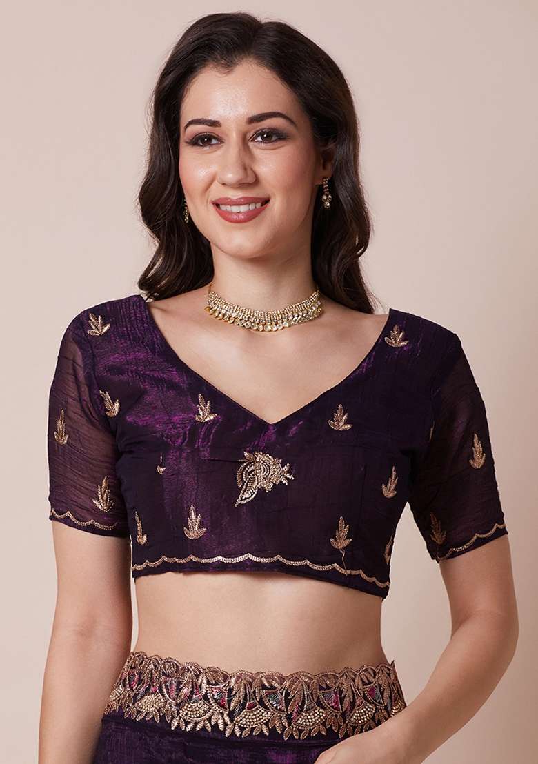 Purple Printed Satin Silk Saree Set - Indya