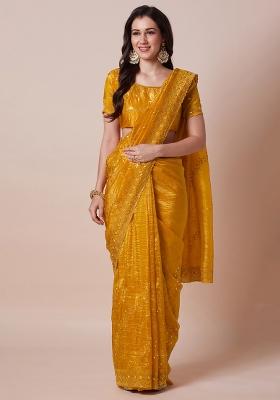 Yellow Printed Paper Silk Saree Set