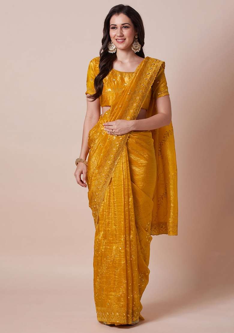 Yellow Printed Paper Silk Blend Saree Set - Indya