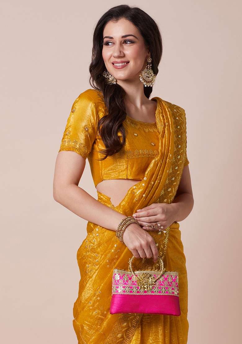 Yellow Printed Paper Silk Blend Saree Set - Indya