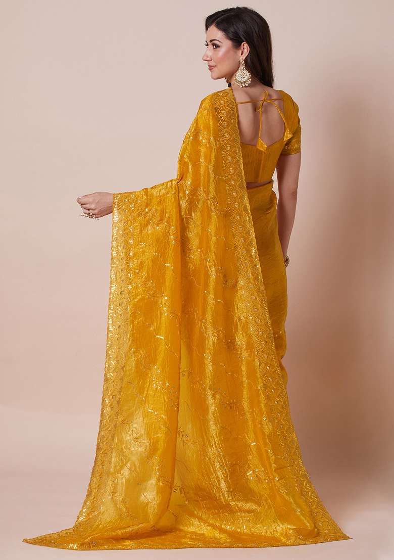 Yellow Printed Paper Silk Blend Saree Set - Indya