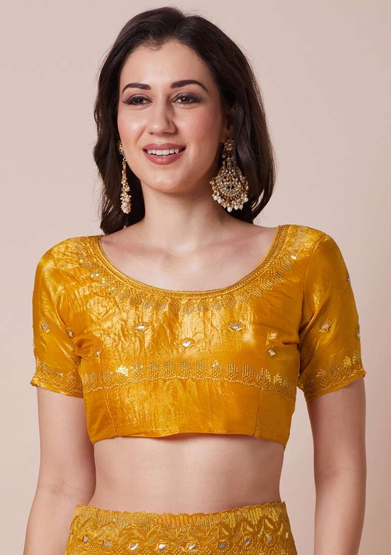 Yellow Printed Paper Silk Blend Saree Set - Indya