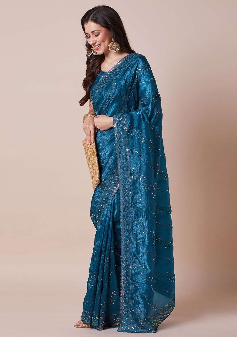 Teal Blue Printed Paper Silk Blend Saree Set - Indya
