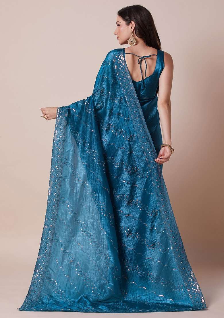 Teal Blue Printed Paper Silk Blend Saree Set - Indya