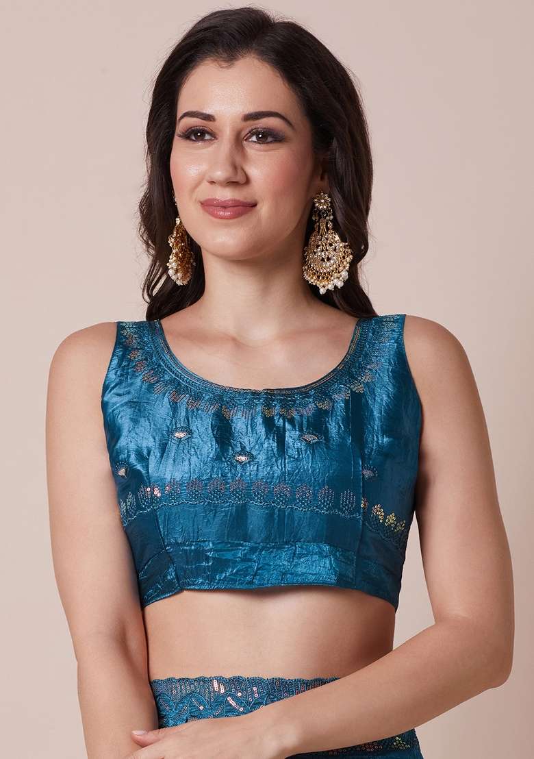 Teal Blue Printed Paper Silk Blend Saree Set - Indya