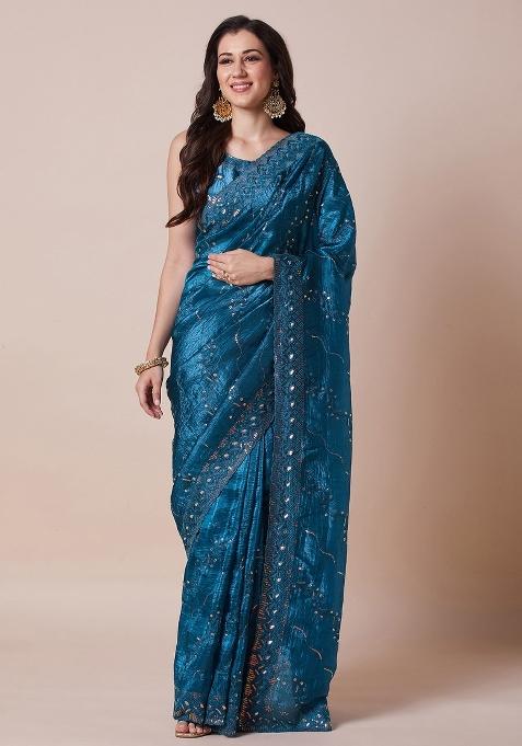 Teal Blue Printed Paper Silk Saree Set — view on Indya