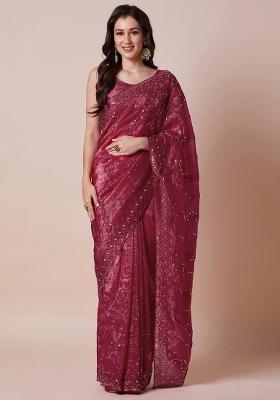 Maroon Printed Paper Silk Saree Set