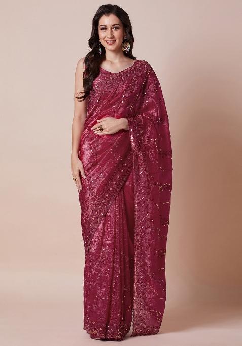 Maroon Printed Paper Silk Blend Saree Set