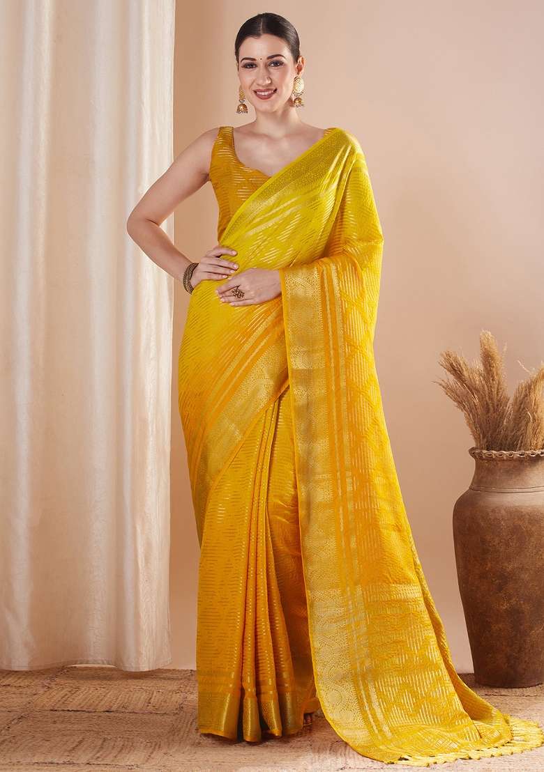 Yellow Printed Pure Georgette Saree Set - Indya