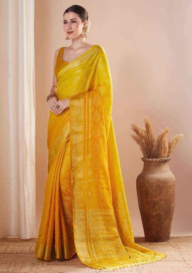 Yellow Printed Pure Georgette Saree Set - Indya