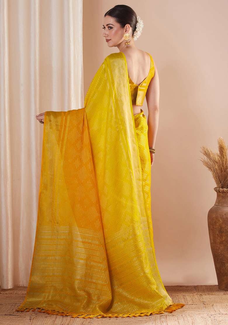 Yellow Printed Pure Georgette Saree Set - Indya