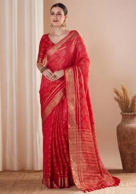 Red Printed Pure Georgette Saree Set