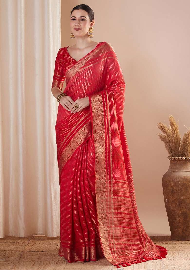 Red Printed Pure Georgette Saree Set - Indya