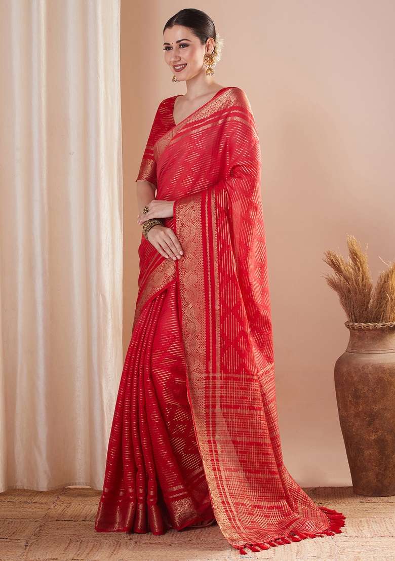 Red Printed Pure Georgette Saree Set - Indya