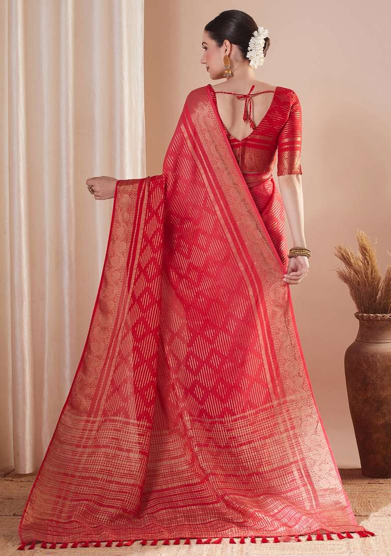 Red Printed Pure Georgette Saree Set - Indya