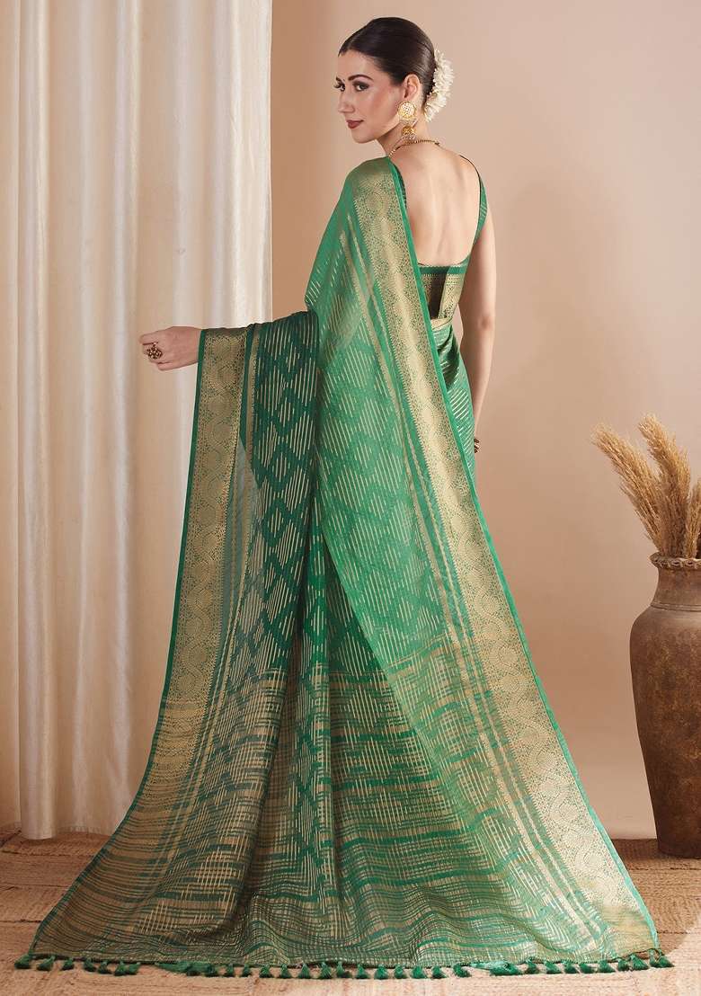 Green Pure Georgette Saree Set with Printed for Diwali | Wedding & Festive Wear - Indya