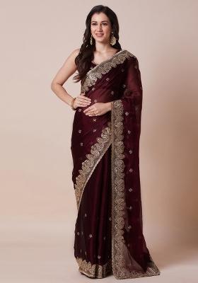 Maroon Printed Organza Saree Set