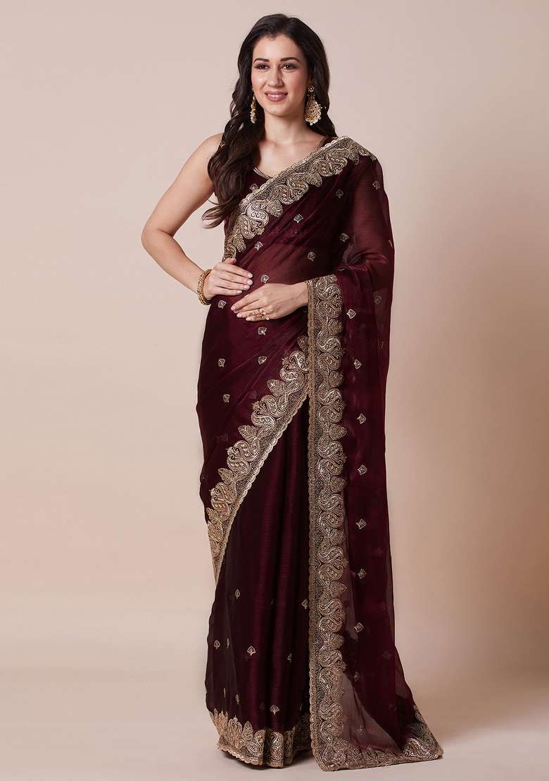 Maroon Printed Organza Saree Set for Diwali and Festive Wear - Indya