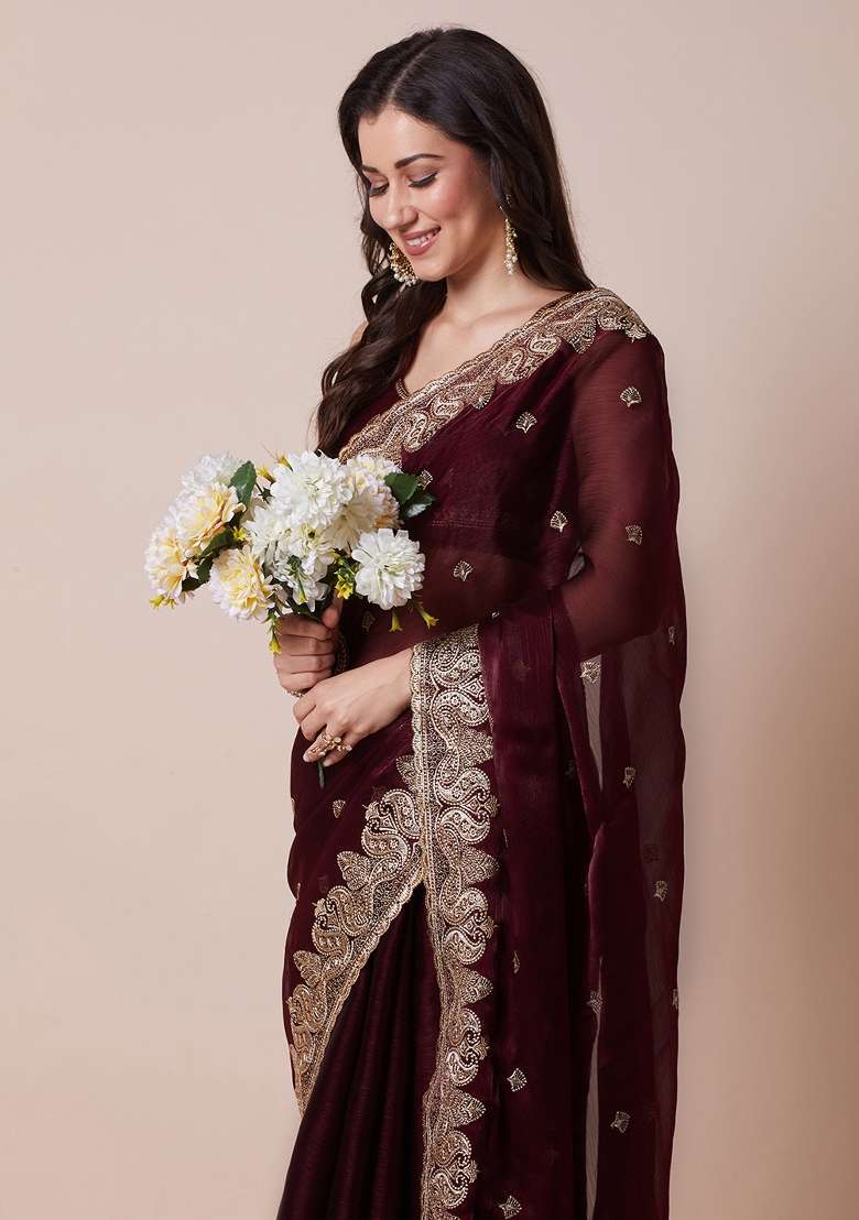Maroon Printed Organza Saree Set for Diwali and Festive Wear - Indya