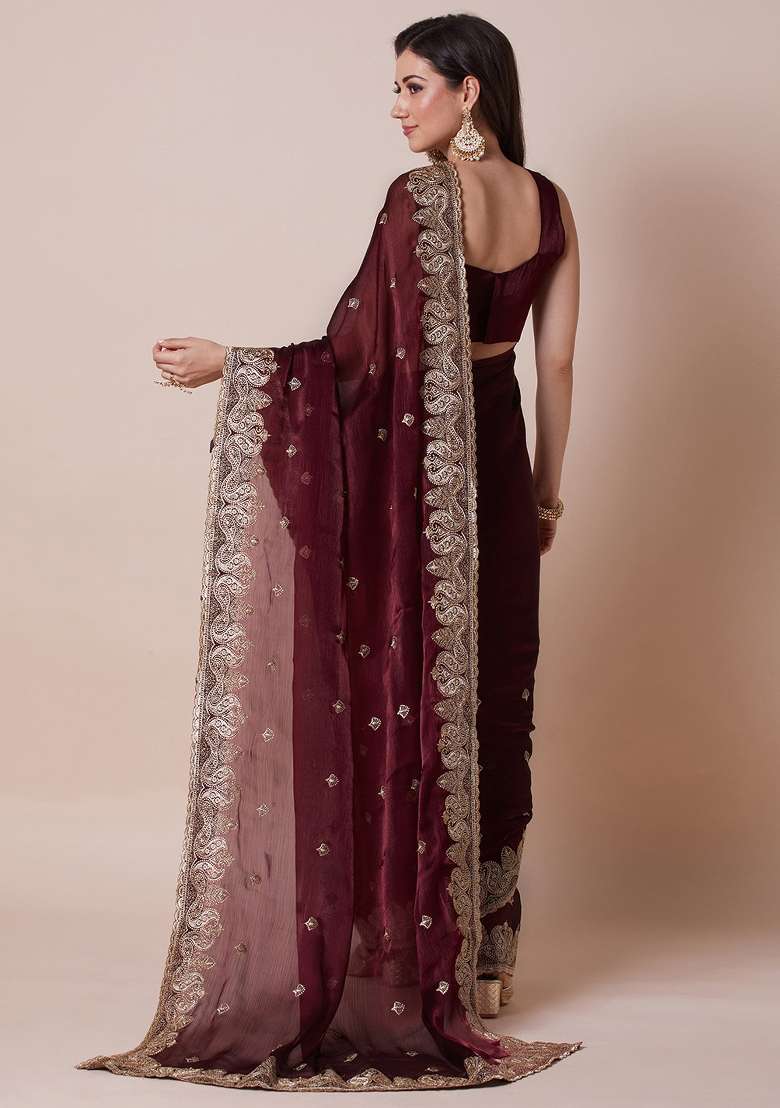 Maroon Printed Organza Saree Set for Diwali and Festive Wear - Indya