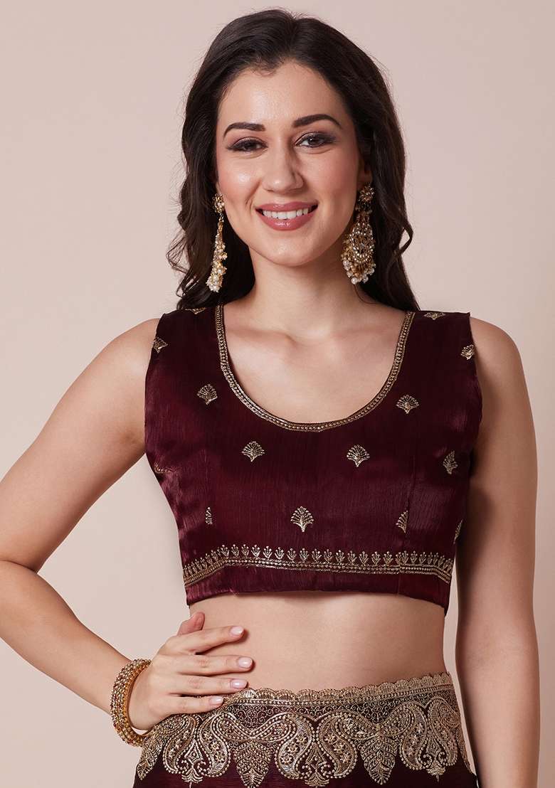Maroon Printed Organza Saree Set for Diwali and Festive Wear - Indya