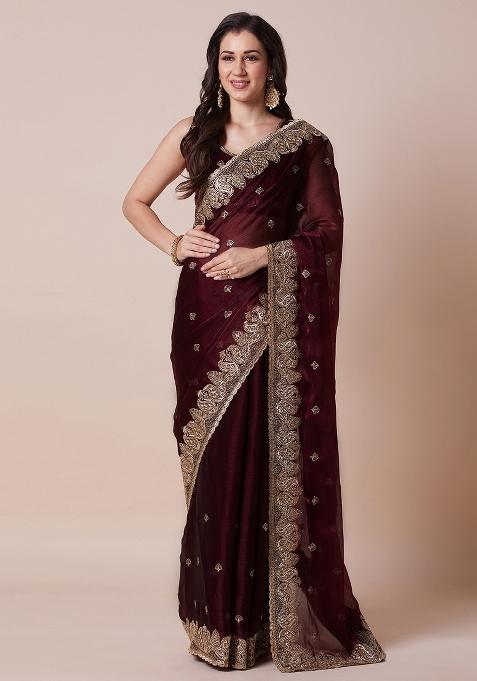 Maroon Printed Organza Saree Set