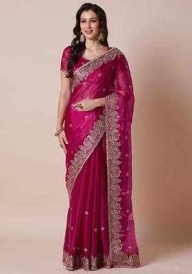 Pink Printed Organza Saree Set