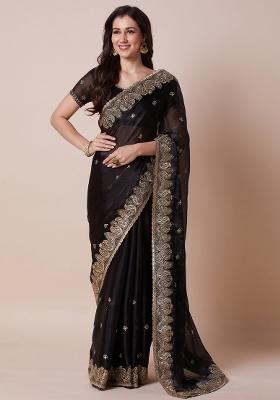 Black Printed Organza Saree Set