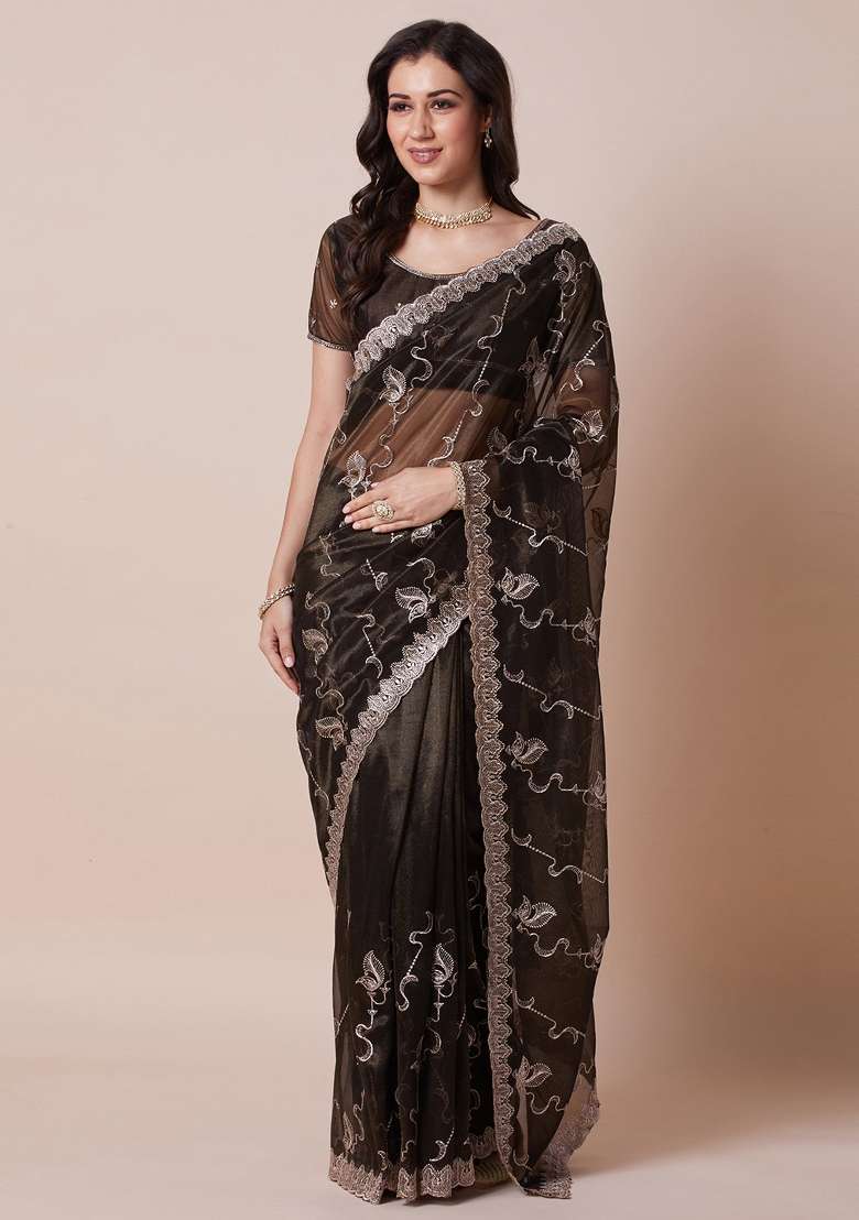 Olive Net Saree Set with Printed for Diwali | Wedding & Festive Wear - Indya