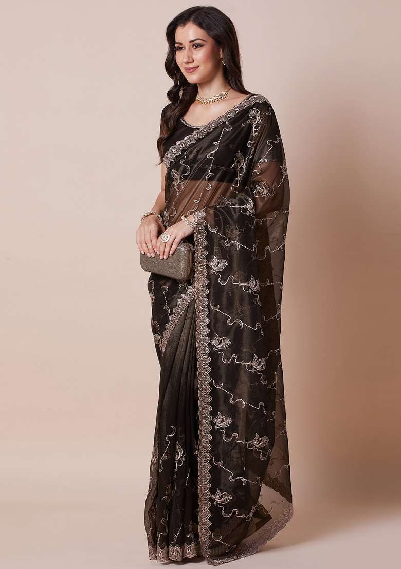 Olive Net Saree Set with Printed for Diwali | Wedding & Festive Wear - Indya