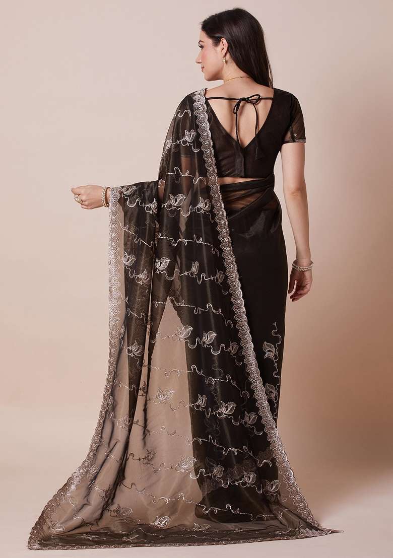 Olive Net Saree Set with Printed for Diwali | Wedding & Festive Wear - Indya