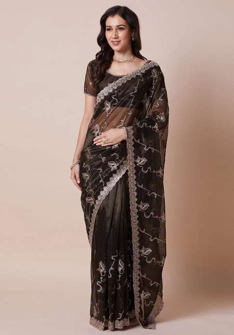 Olive Net Saree Set with Printed for Diwali | Wedding & Festive Wear