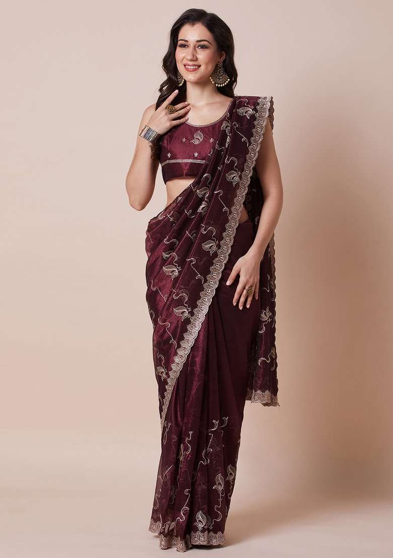 Burgundy Printed Net Saree Set for Diwali and Festive Wear - Indya