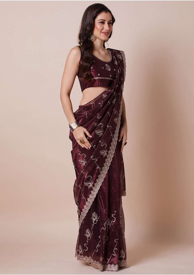 Burgundy Printed Net Saree Set for Diwali and Festive Wear - Indya