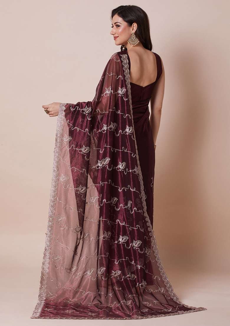 Burgundy Printed Net Saree Set for Diwali and Festive Wear - Indya