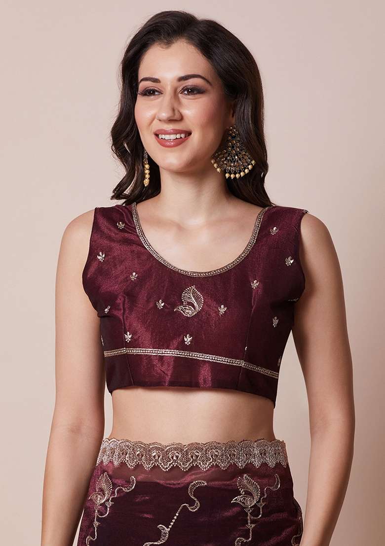 Burgundy Printed Net Saree Set for Diwali and Festive Wear - Indya